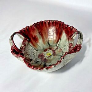 Vintage Hand Painted Italian Pottery Bowl – Double Handles – Red & Gray